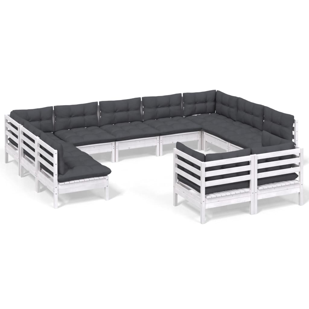 11-tlg. Garten-Lounge-Set mit Kissen Weiss Kiefer Massivholz